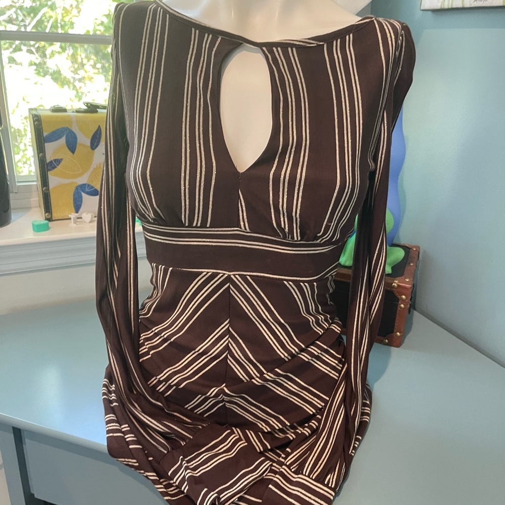 Brown and White Striped Cut Out Bell Sleeve Mini Dress